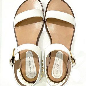 Stuart Weitzman White Ankle Strap Sandal Embellished w Gold Rose Studs Size 10
